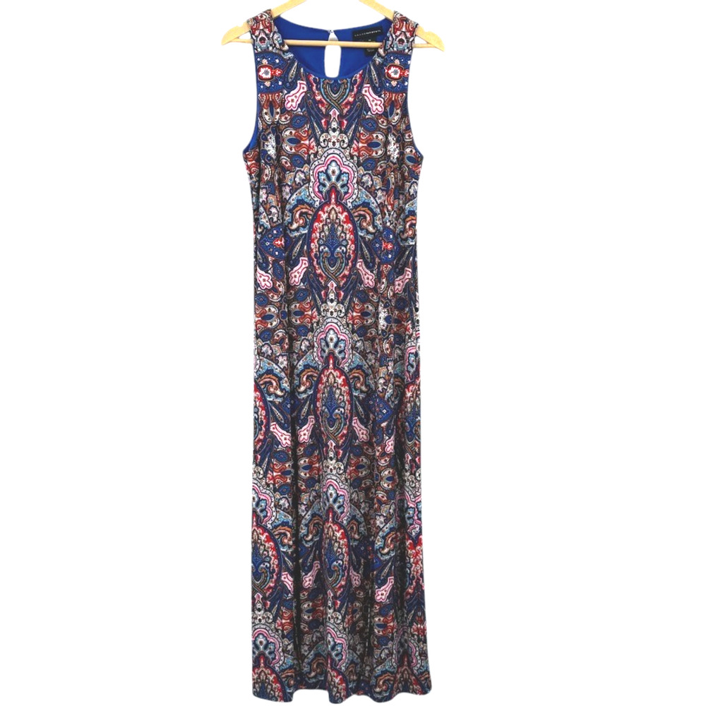 Grace Elements Womens M Paisley Maxi Dress Sleeveless Stretch Front Slits Boho